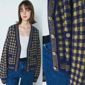 Check Tweed Yellow Purple Fuzzy Knit Cardigan V-Neck Button Front Sweater